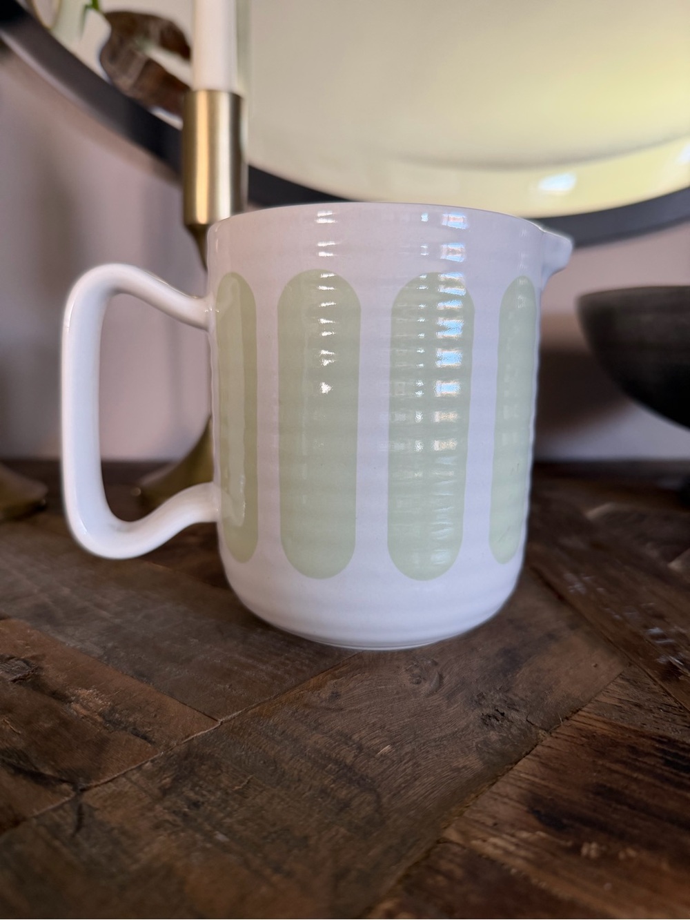 Crate&Barrel White creamer Mug with Sage Green Oval Stripe Pattern